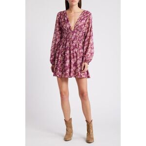 Free People Keep You Cotton Long Sleeve Floral Mini Dress Berry Combo Size Mediu